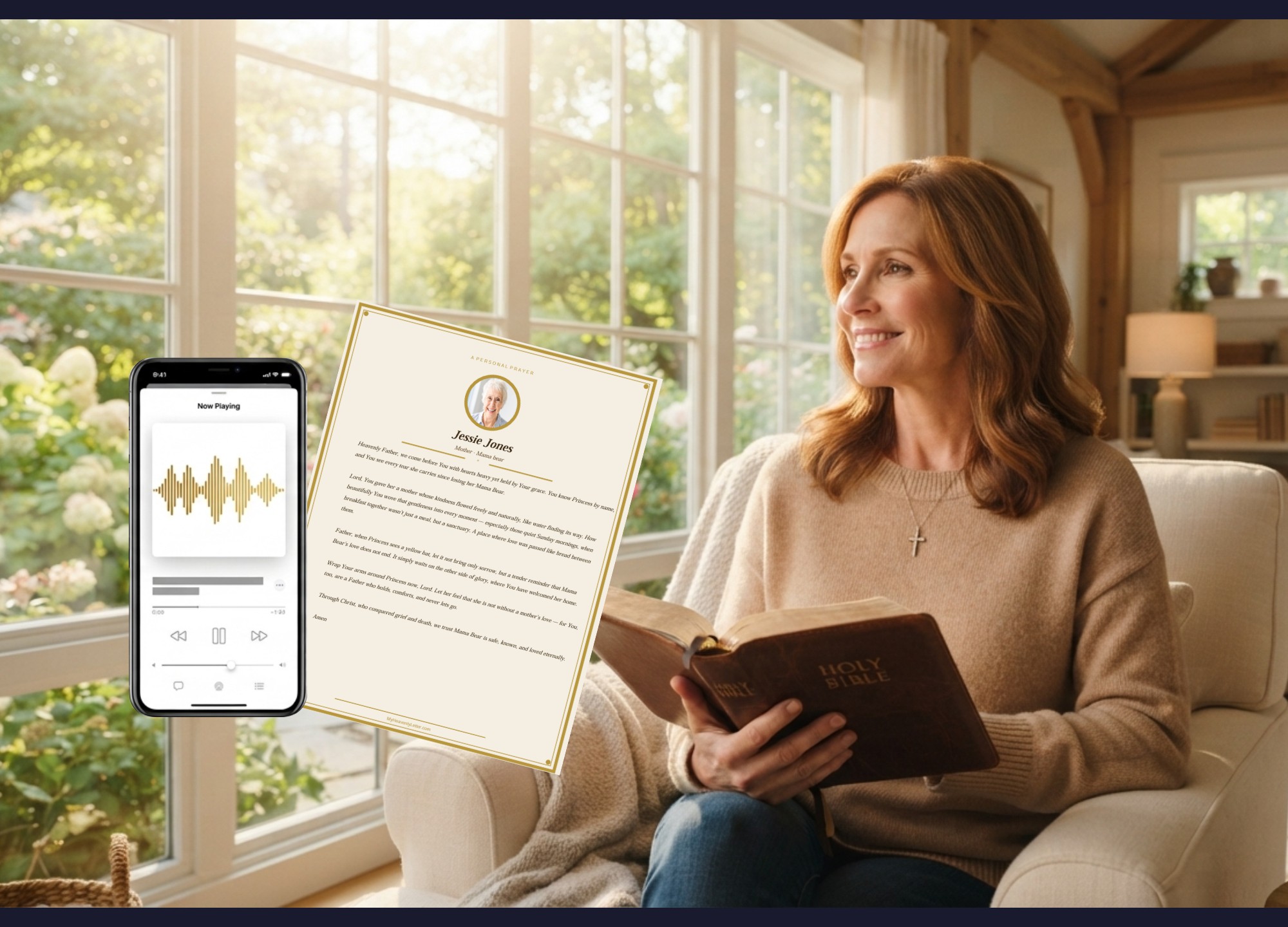 Personalized memorial prayer, narrated audio, and keepsake preview for a loved one